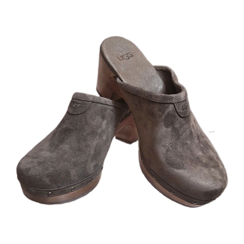 UGG Abbie Clogs Shoes Womens Sz 6 Brown Suede Sheepskin Lining Block Heel